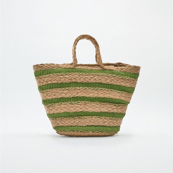 Zara Straw Tote with Green Stripe Accents - Picture 4 of 10